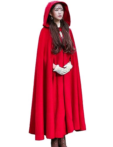 Flygo Damen Wollmischung Kapuze Maxi Langer Cape Poncho Mantel mit Kapuze, Rot/Ausflug, einfarbig (Getaway Solids), L-XL von Flygo