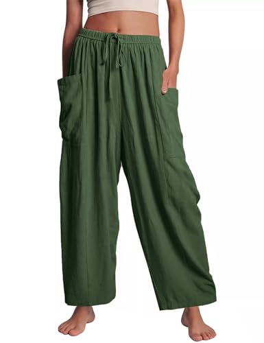 Flygo Damenhose mit weitem Bein, Sommer, lässig, lockere Passform, Strand, Palazzo, Haremshose mit Taschen, Grün (Army Green), X-Groß von Flygo