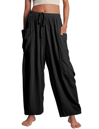 Flygo Damenhose mit weitem Bein, Sommer, lässig, lockere Passform, Strand, Palazzo, Haremshose mit Taschen, Schwarz, XX-Large von Flygo