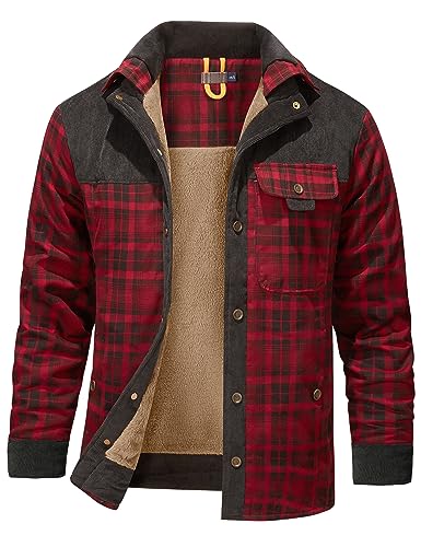 Flygo Herren Flanelljacke Loose Plaid Sherpa Gefüttert Flanellhemd Druckknopf Warme Winterjacken Taschen, Rot/Ausflug, einfarbig (Getaway Solids), XL von Flygo