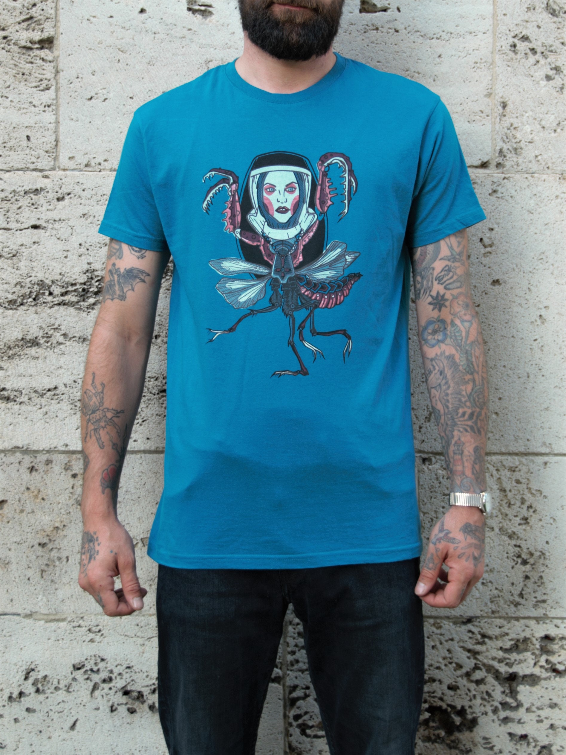Gottesanbeterin, T-Shirt, Siebdruck, Unikat, Grafik-T-Shirt, Screenprint, Tattoo von FlyinSnake