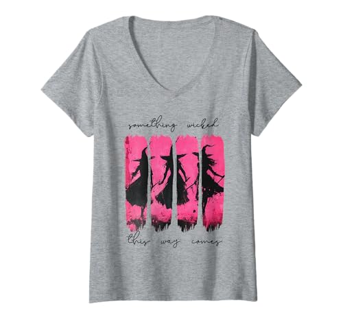 Damen Etwas Böses, Fliegende Hexen, Halloween, gruselig, Vintage-Stil T-Shirt mit V-Ausschnitt Damen Etwas Böses, Fliegende Hexen, Halloween, gruselig, Vintage-Stil T-Shirt mit V-Ausschnitt von Flying Broomstick Halloween Magic Costume Apparel