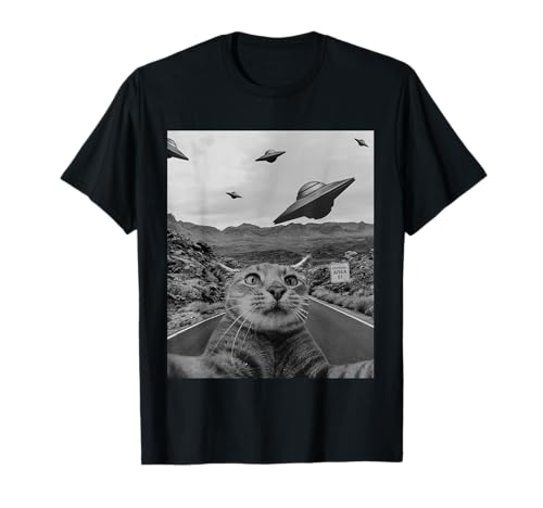 Flying UFO Alien Cat Selfie Lover - Lustiges Katzen-T-Shirt mit UFO-Selfie - Unisex Erwachsene & Kinder, Schwarz, S von Flying UFO Alien Cat Selfie lover