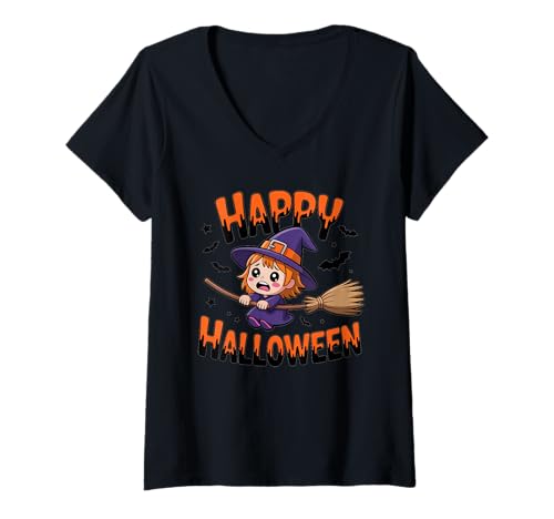 Damen Flying Witch Shirt Cute Scared Little Witch Broom Ride T-Shirt mit V-Ausschnitt Damen Flying Witch Shirt Cute Scared Little Witch Broom Ride T-Shirt mit V-Ausschnitt von Flying Witch Tee Shirts for Halloween Girls