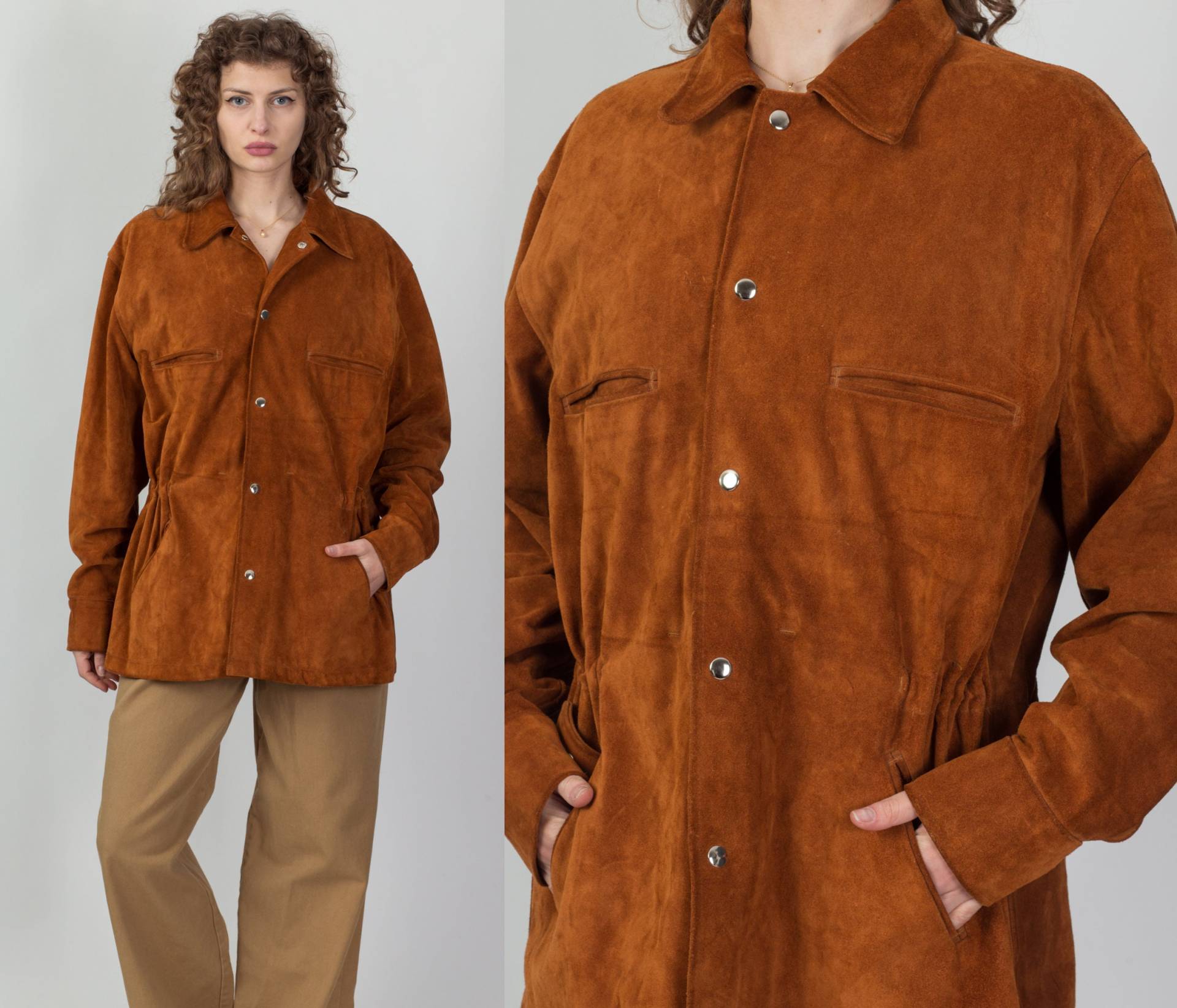 Vintage Soft Burnt Orange Wildlederjacke Herren Large, Damen Xl | 80Er Jahre Boho Druckknopf Leder Western Mantel von FlyingAppleVintage