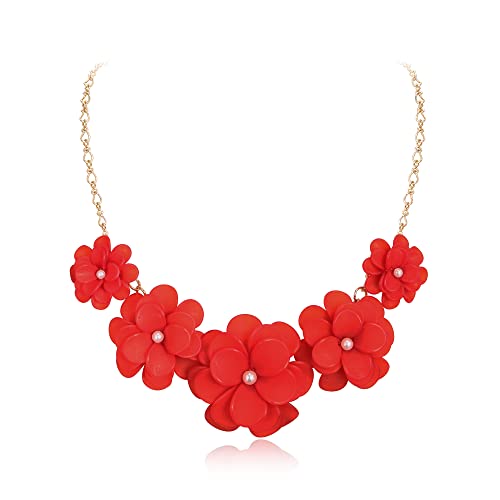 Flower Collar Necklace, Floral Flower Statement Summer Beach Chokers Necklaces for Women Girls Red von Flyonce