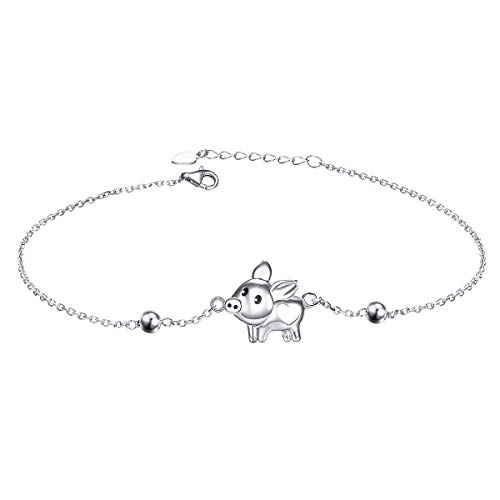 925 Sterling Silber Fußkette für Damen Frauen Mädchen Schwein Charm Verstellbare Fuß Knöchel Armband Schmuck Geburtstagsgeschenk (Schweinchen) von Flyow