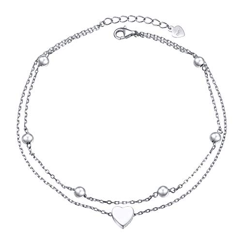 925 Sterling Silber Fußkettchen für Damen Frauen Mädchen Geschichtetes Herz Einstellbare 10 Zoll + 1 Zoll Fuß Knöchel Armband Schmuck Geburtstagsgeschenk (Geschichtetes Herz 10+1") von Flyow