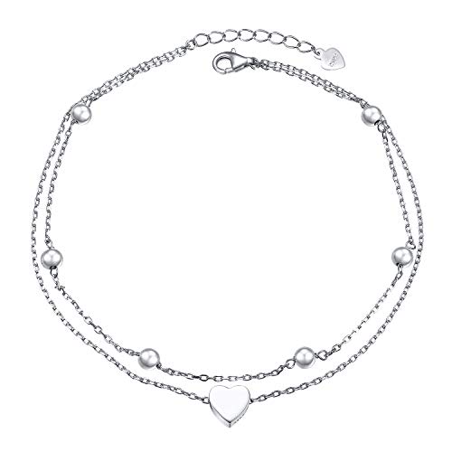 925 Sterling Silber Fußkettchen für Damen Frauen Mädchen Geschichtetes Herz Einstellbare 9 Zoll + 1 Zoll Fuß Knöchel Armband Schmuck Geburtstagsgeschenk (Geschichtetes Herz 9+1") von Flyow
