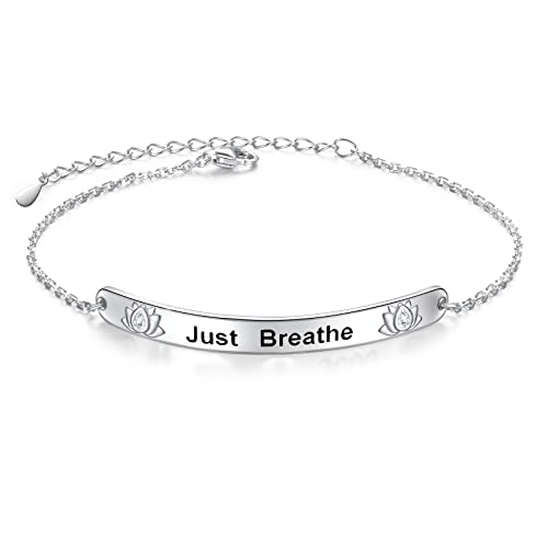 925 Sterling Silber Just Breathe Armband für Damen für Angst Stress Relieving Lotus Blume Charm Armbänder für Teenager Mädchen Yoga Fans inspirierende Manschette Armreif von Flyow