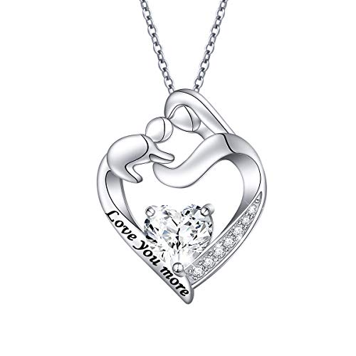 925 Sterling Silber Mutter und Kind Anhänger Mit Nachricht Love You More Herzkette aus Zirkonia-Herz für Damen Mutter Tochter, Verstellbare Silberkette 18 + 2 Zoll New Mum Geschenke (Love You More) von Flyow