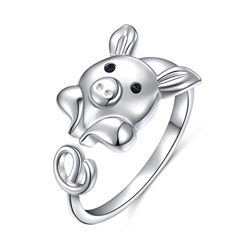 925 Sterling Silber Niedlicher Schwein Wickelring für Damen Frauen Mädchen, Offener Tierring Einstellbare Größe (Schweinchen) von Flyow