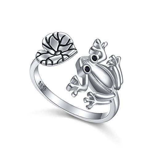 925 Sterling Silber Schmuck Hypoallergenic Süßes Tier Frosch Lotusblatt Einstellbarer Offener Ring Ringe für Damen Frauen Mädchen Geburtstagsgeschenk von Flyow