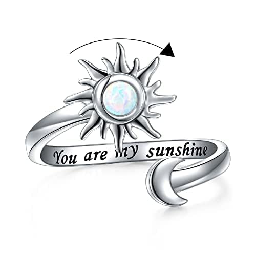 Angst Ring für Damen S925 Sterling Silber Erstellter Opal Sonne und Mond Fidget Spinner Ring Verstellbar Offene Endgravur You are my Sunshine Spinner Geschenk für Sie (57 (18.1)) von Flyow