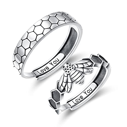 Biene Wabe Paar Ringe Set, 925 Sterling Silber Niedliche Tiere Matching Ring für Paare Eingraviert I Love You, Einstellbare Verlobung Hochzeit Versprechen Ring für Sie und Ihn von Flyow