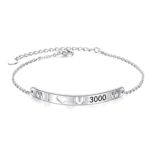 Echt 925 Sterling Silber Bar Armbänder mit Nachricht Ich Liebe Dich 3000 für Damen Mädchen Teens Eisen Fans Geschenke Familie Liebe Manschette Armband Freundschaft Mantra Schmuck (I Love You 3000) von Flyow