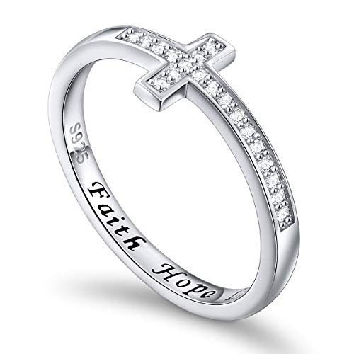 Flyow 925 Sterling Silber Schmuck Seitwärts Kreuz weiß Ring Gravur Faith Hope Love (57 (18.1)) von Flyow