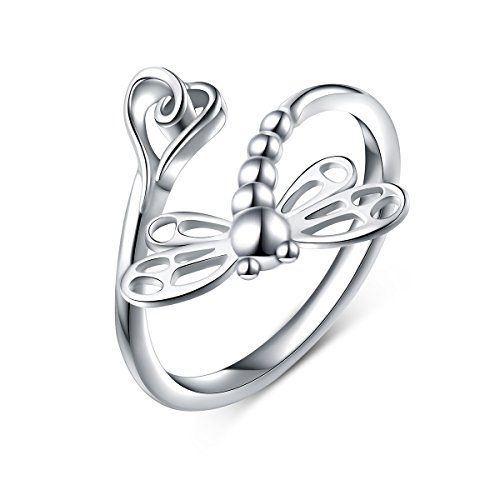 Flyow 925 Sterling Silber Schmuck Verstellbar Open Tier und Herz Ring für Damen und Mädchen (Libelle) von Flyow