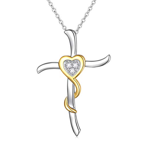 Flyow 925 Sterling Silber Zirkonia Charm Herz Kreuz Kette Anhänger Halskette Schmuck für Damen Frauen Mädchen, Einstellbare Rollenkette 18"+2" von Flyow