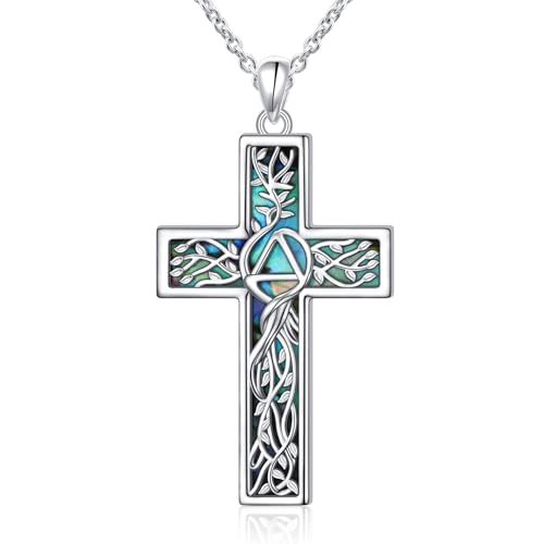 Flyow AA Nüchternheits Geschenke 925 Sterling Silber Kreuz Anonyme Alkoholiker Genesung Symbol Halskette Baum des Lebens Alkoholiker Anonymous Schmuck Geschenke für Frauen Männer von Flyow