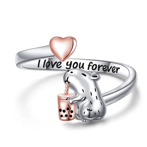 Flyow Capybara Ringe 925 Sterling Silber Niedliche Tier Bubble Tea Offener Ringe Hypoallergenic Capybara Schmuck Geschenke für Mädchen Damen (Capybara) von Flyow