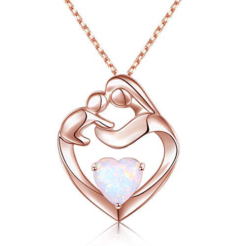 Flyow Echtes 925 Sterling Silber Mutter und Kind Herz Lab Opal Anhänger Halskette Schmuck für Mama Damen Frauen, Einstellbare Silberkette 18 +2 Zoll Geschenke für Junge Mütter (Rose) von Flyow