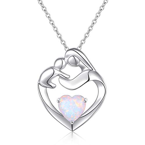 Muttertagsgeschenk Echtes 925 Sterling Silber Mutter und Kind Herz Lab Opal Anhänger Halskette Schmuck für Mama Damen Frauen, Einstellbare Silberkette 18 +2 Zoll Geschenke für Junge Mütter (White) von Flyow