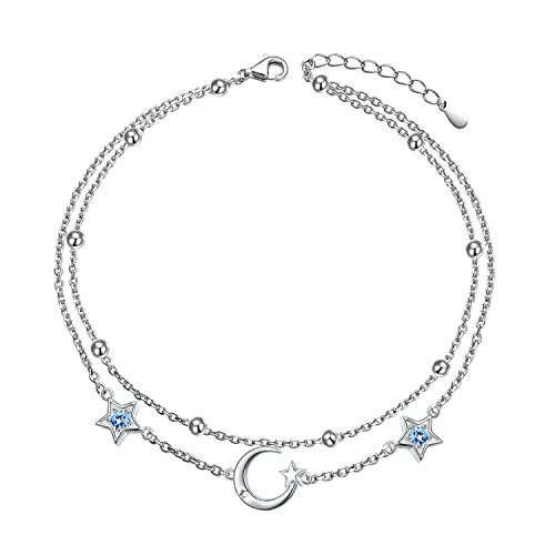 Flyow Fußkettchen DAnklet für Frauen 925 Sterling Silber CZ Stern und Mond Fußkettchen für Frauen von Flyow