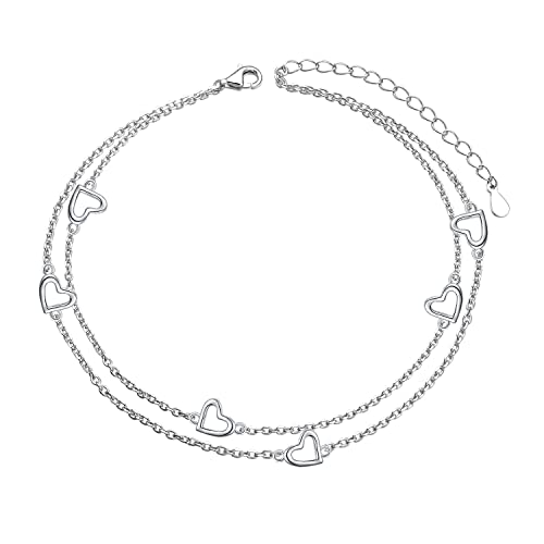 Flyow Fußkettchen für Damen, S925-Sterlingsilber, verstellbarer Fuß, herzförmig, geschichtetes Knöchel-Armband, Fußkettchen, Strandschmuck, Geschenke von Flyow