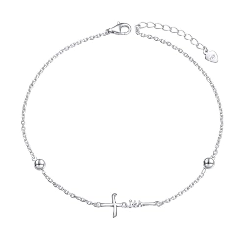 Flyow Fußkettchen für Damen 925 Sterling Silber Verstellbare Religiöser Fußkette für Frauen Zierliche Glaube Kreuz Fußkettchen Strand Knöchel Armband Schmuck Geschenk für Sommertag von Flyow