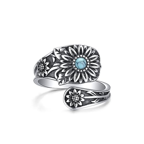 Flyow Gänseblümchen Löffel Ring für Damen – Sterling Silber Vintage Oxidierte Daumen Ringe Viktorianischer Türkis Schmuck – Boho Einstellbare Offene Statement Ringe Schmuck Geschenke von Flyow