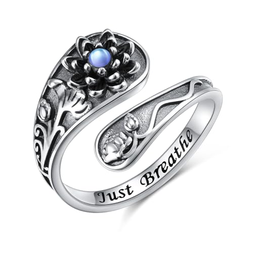 Flyow Just Breathe Lotus Mondstein Ring für Damen Mädchen 925 Sterling Silber Oxidation Blume Löffel Ringe für Angst Stress relieving Yoga Geschenke Einstellbare Größe Inspirational Band Ring von Flyow