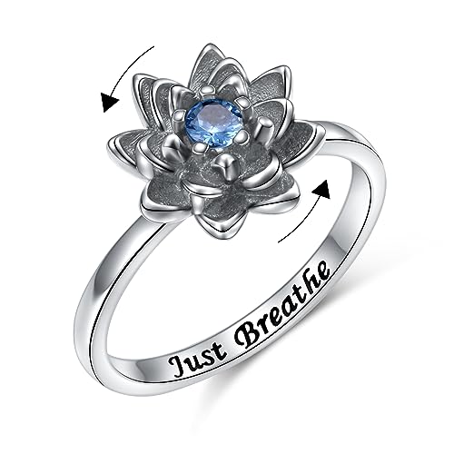 Flyow Just Breathe Lotus Spinner Ring für Damen 925 Sterling Silber Oxidation Blume Fidget Ringe für Angst Stress Relieving ADHD Autismus Ringe Yoga Geschenke Inspirational Band Ring Größe 62 (19,8) von Flyow