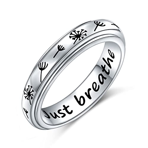 Flyow Weihnachtsgeschenke Just Breathe Spinner Ring für Damen Mädchen 925 Sterling Silber Löwenzahn Fidget Ringe für Angst Stress Relieving ADHD Autismus Ringe Inspirational Boho Band Ring von Flyow