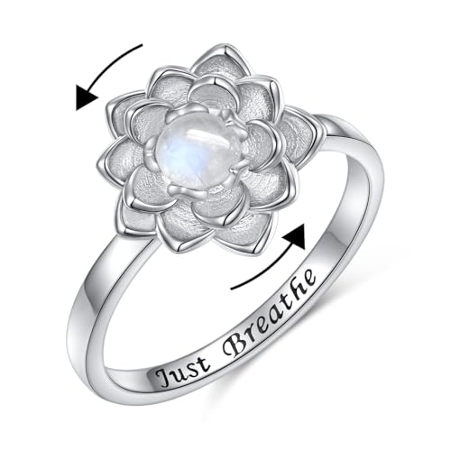 Flyow Just Breathe Spinner Ringe für Angst 925 Sterling Silber Mondstein Lotus Fidget Ringe für Angst Anti Stress Anxiety Inspirational Ring Lotusblume Yoga Schmuck Geschenke für Damen (57 (18.1)) von Flyow