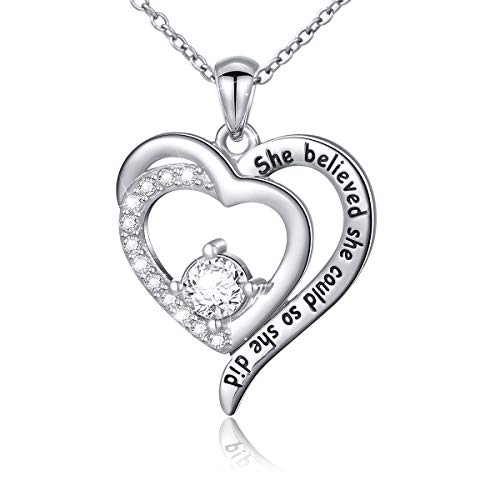 Flyow Kette Damen 925 Sterling Silber Herzhalskette für Frauen Inspirierende Ermutigend Anhänger Gravur" She Believed She Could So She Did" Funkelndem Zirkonia (CZ) 18" von Flyow