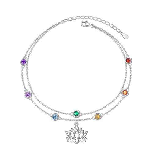 Flyow Lotus Chakra Fußkettchen Sterling Silber Mehrfarbige Zirkonia Geschichtet Fußkettchen für Frauen Verstellbare Mehrschichtige Strand Knöchel Armband Schmuck Geschenk für Den Sommertag von Flyow