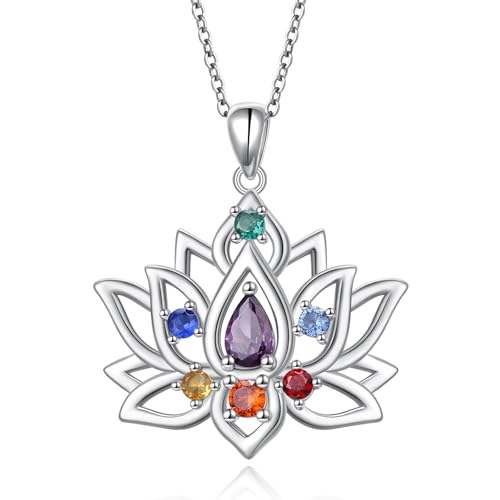 Flyow Lotus Chakra Halskette 925 Sterling Silber 7 Chakra Anhänger Halskette Yoga Lotusblume Kette Schmuck Geschenke für Damen von Flyow