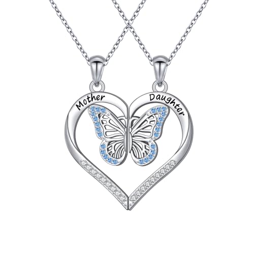 Flyow Mutter Tochter Passende Halskette 925 Sterling Silber Herz Herz Schmetterling Passende Kette Mutter Tochter Anhänger Schmuck Set Geschenke für Damen Mädchen von Flyow