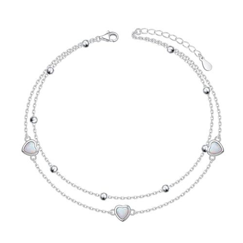 Flyow Opal Fußkettchen 925 Sterling Silber Erstellter Opal Geschichtet Fußkettchen für Frauen Verstellbare Mehrschichtige Strand Knöchel Armband Schmuck Geschenk für Den Sommertag von Flyow
