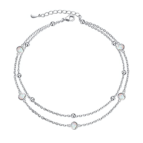 Flyow Opal-Fußkettchen für Damen, S925-Sterlingsilber, Fußperlen, Boho-Labor-Opalstein, geschichtetes Knöchel-Armband, Fußkettchen, Strandschmuck von Flyow