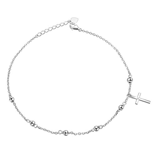 Flyow S925 Sterling Silber Fußkettchen für Damen Frauen Mädchen Perlen Kreuz Charme Einstellbare 9 Zoll + 1 Zoll Fuß Knöchel Armband Schmuck Geburtstagsgeschenk (Perlen Kreuz) von Flyow