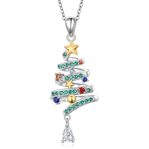 Flyow Weihnachtsbaum Halskette für Damen 925 Sterling Silber Grüne Weihnachtsbaum Anhänger Halskette – Winter Feiertags Weihnachten Kette Niedlicher Bunter Zirkonia Weihnachten Schmuck Geschenke von Flyow