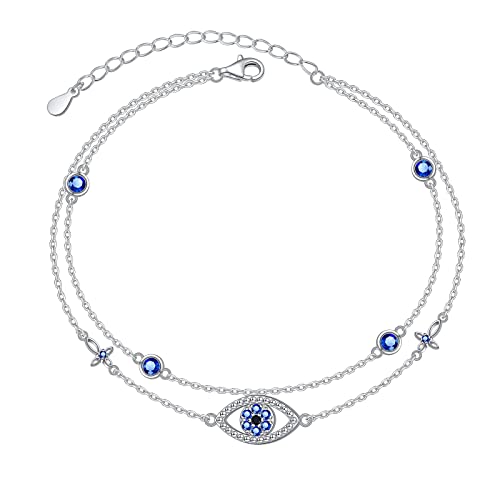 Flyow Fußkettchen für Frauen 925 Sterling Silber Blau Evil Eye Verstellbare mehrschichtige Fußkettchen für Frauen von Flyow