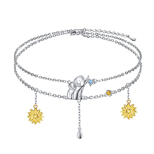 Fußkettchen für Frauen 925 Sterling Silber Glücklicher Elefant Sonnenblume Sterling Silber Fußkettchen für Frauen von Flyow