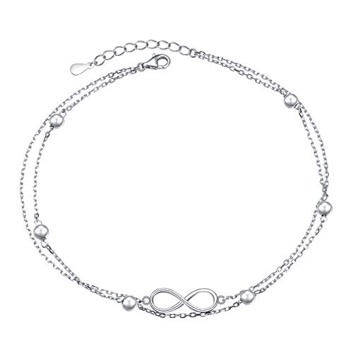 Fußkette für Damen S925 Sterling Silber Verstellbare Fußperlen Infinity Knöchel Armband Fußkettchen, 9 10 Zoll (Geschichtete Unendlichkeit 9+1") von Flyow