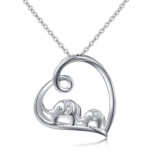 Glück Elefant Halskette Tier Schmuck für Damen Frauen Mädchen, Herz Anhänger Echt 925 Sterling Silber Kette 18" (Mutter Kind Elefant) von Flyow