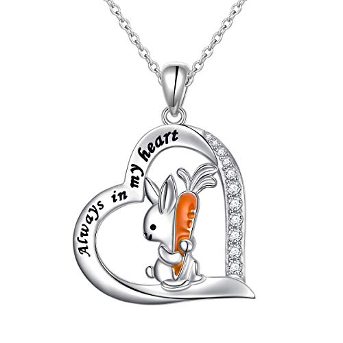 Flyow Ostern Geschenke Hasenhalskette für Damen Teen Mädchen 925 Sterling Silber Kaninchen und Karotten Anhänger mit der Nachricht Always in My Heart (Hase Herz) von Flyow
