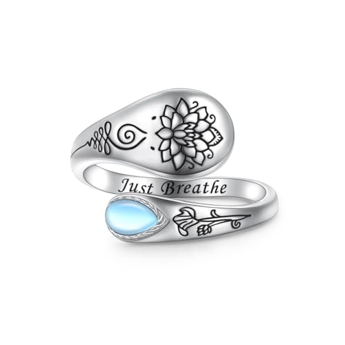 Just Breathe Lotus Ring für Damen 925 Sterling Silber Verstellbare Offener Lotusblume Mondstein Ring Inspirierender Yoga Schmuck Geschenk für Frauen Männer von Flyow