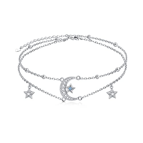 Knöchel für Frauen S925 Sterling Silber Knöchel Layered Moon Star Knöchel Armbänder für Frauen Layered Satellite Perlen Knöchel für Frauen Mädchen von Flyow